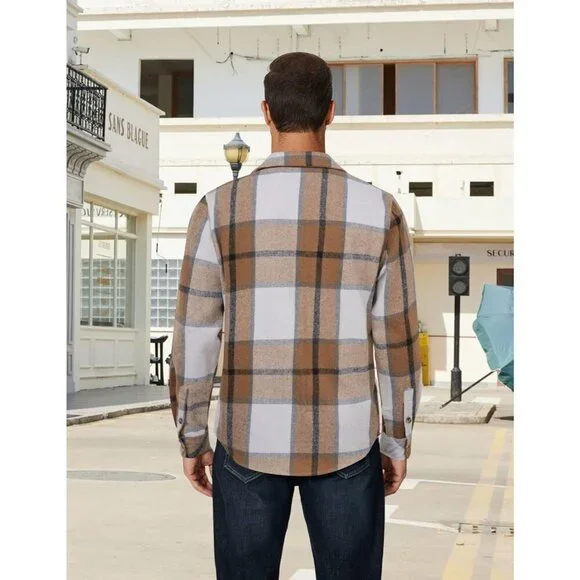 Coofandy Men Khaki Flannel Plaid Button Down Jacket Shirt with Pockets - Picture 3 of 5